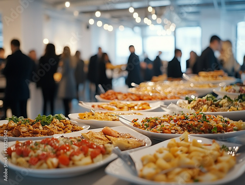 Buffet spread at a corporate gathering with various dishes and people mingling in a bright venue photo