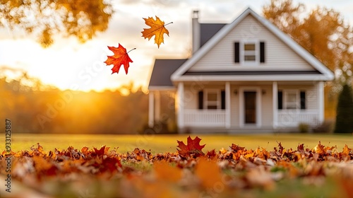 A charming autumn afternoon with falling leaves in front of a lovely house during the golden hour