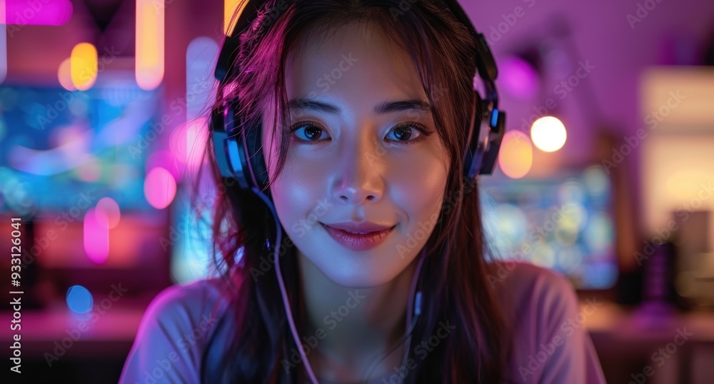 Gamer Girl with Headphones in a Vibrant Setup Gamer Girl with Headphones in a Vibrant Setup