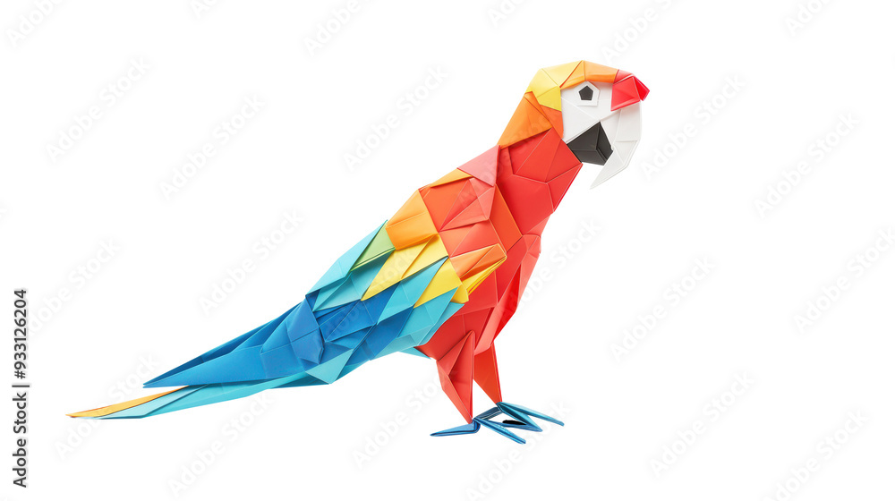 Fototapeta premium Colorful origami parrot crafted from vibrant paper, paper art on transparent background