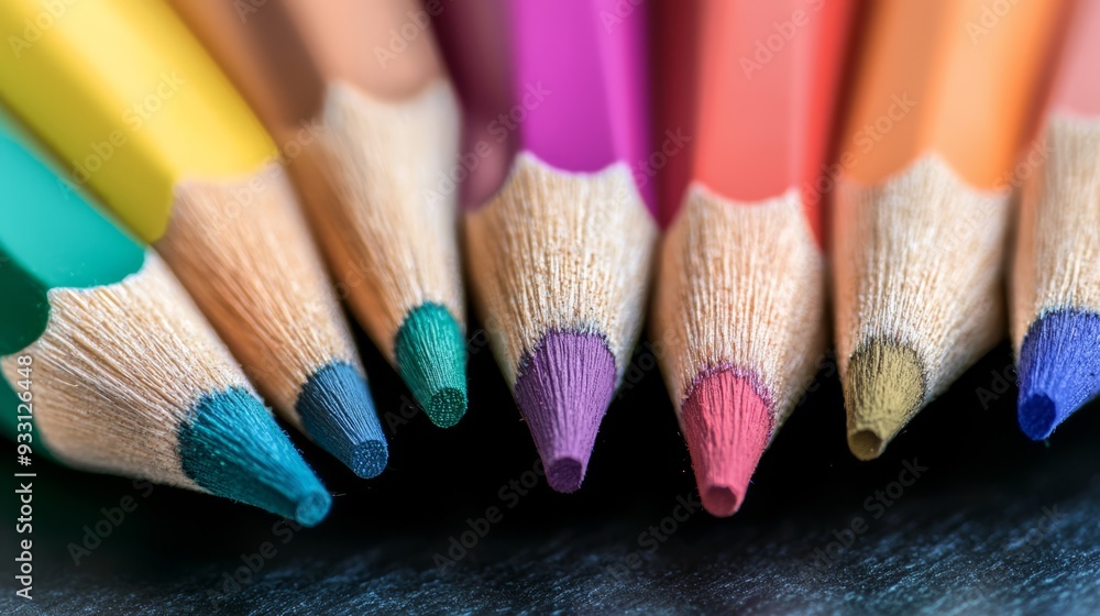 A collection of colored pencils aligned on a black surface, surrounded by more pencils in the background A collection of colored pencils aligned on a black surface, surrounded by more pencils in the background