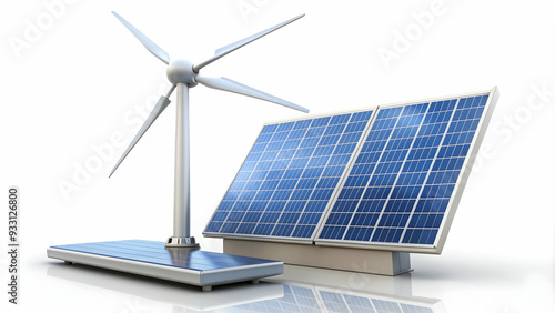 3d Flat icon as Wind turbine and solar panel symbolizing renewable energy sources with ample space for text. concept as A wind turbine and a solar panel representing the combination of wind and solar 