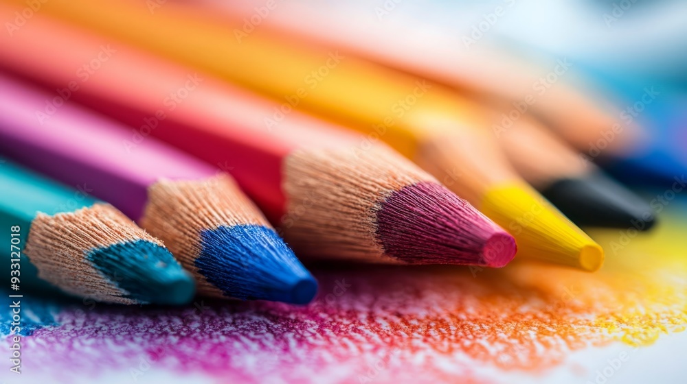 A collection of colorful pencils aligned together on a sheet of paper, accompanied by crayons A collection of colorful pencils aligned together on a sheet of paper, accompanied by crayons