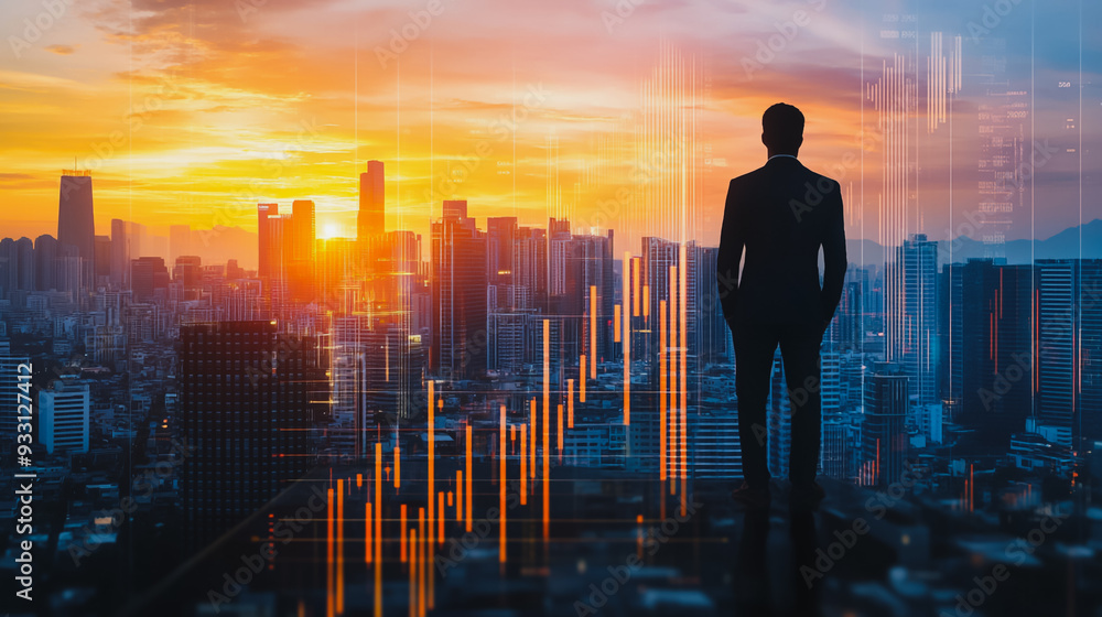 Abstract business man stands on the peak of success amid tall, innovative Smart city and graphs with statistics to analyze business potential and predict future developments in company growth. Abstract business man stands on the peak of success amid tall, innovative Smart city and graphs with statistics to analyze business potential and predict future developments in company growth.
