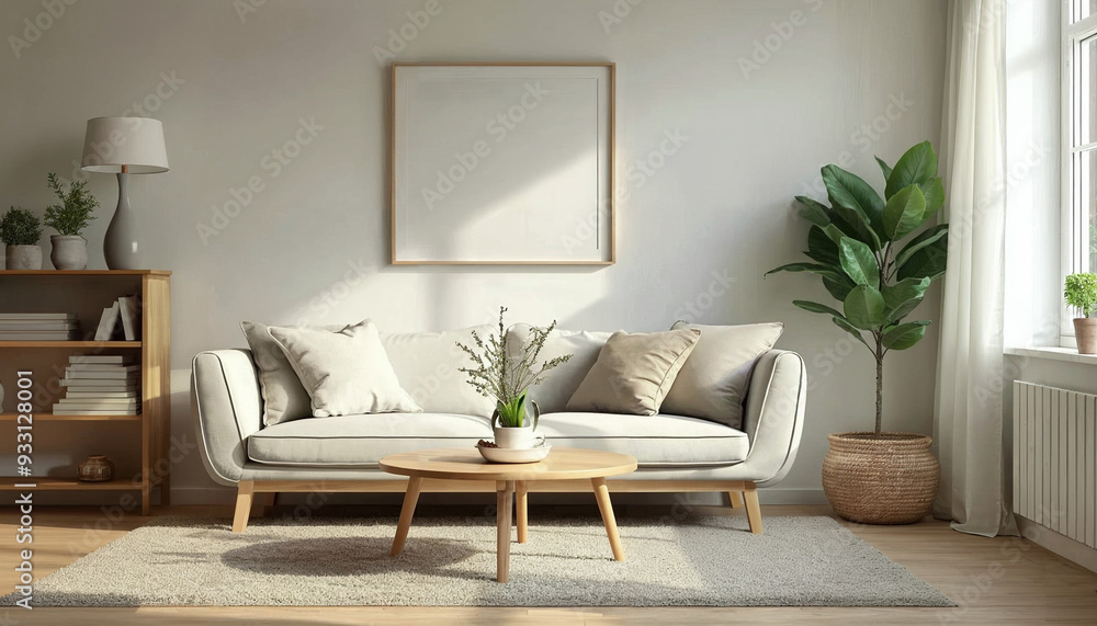 Fototapeta premium modern living room with sofa, empty mockup frame on the wall