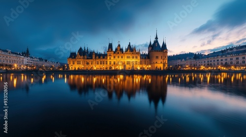 A historic castle or palace beautifully lit at night with guided tours and visitors