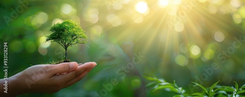 Hands cradling a small tree, representing environmental care and commitment to a green future.