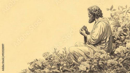 Biblical Illustration of David Kneeling in a Lush Garden, Flowers Blooming Around, Symbolizing Peace and Prosperity Following God’s Swift Help, Psalms 70 photo