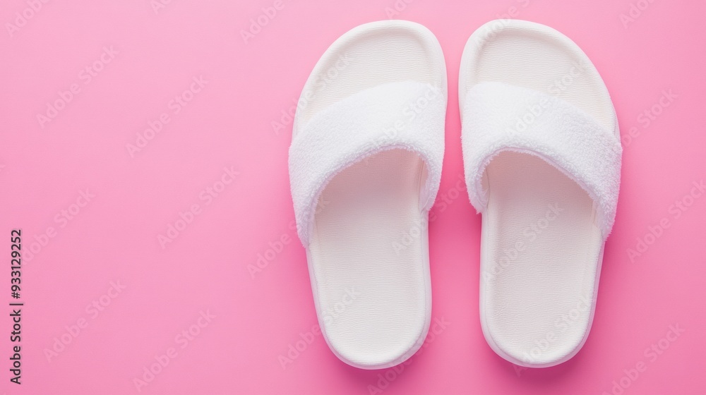 Pair of White Fluffy Slippers on Pink Background Pair of White Fluffy Slippers on Pink Background