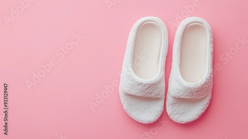 White Fluffy Slippers on Pink Background