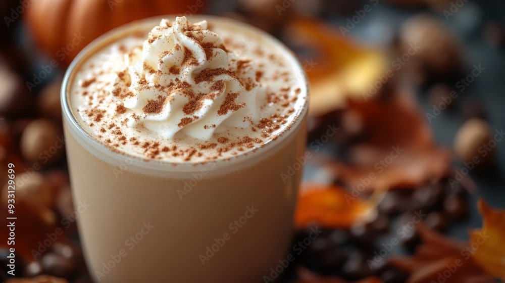 Creamy pumpkin spice latte topped with whipped cream, surrounded by autumn leaves and coffee beans Creamy pumpkin spice latte topped with whipped cream, surrounded by autumn leaves and coffee beans