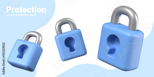 Blue closed padlock with keyhole. Set of 3D elements in different positions