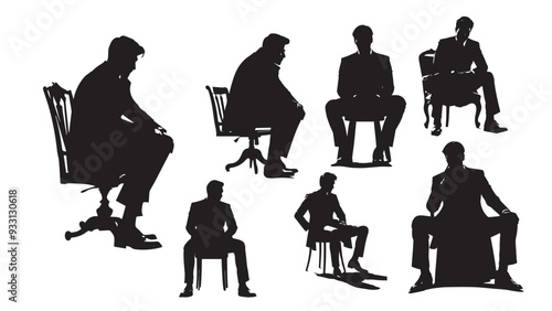 Silhouettes of a sitting man with formal clotes in different poses against a white background