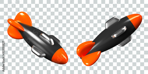 Aerial bomb with tail. Rocket, projectile for bazooka. Set of 3D models