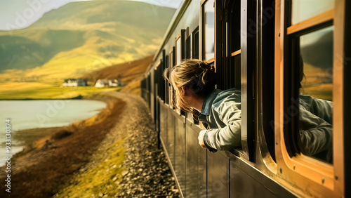 Person Leaning Out Train Window Admiring Scenery During a Curved Journey photo