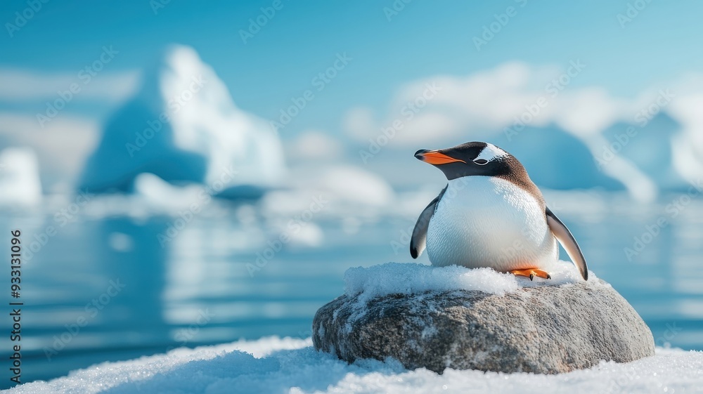 Fototapeta premium A penguin peacefully resting under a snow-covered rock on the ice.