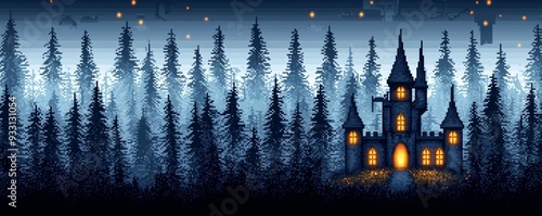 Retro pixel art depicting a castle at the edge of a dense, enchanted forest, with glowing pixel sprites photo