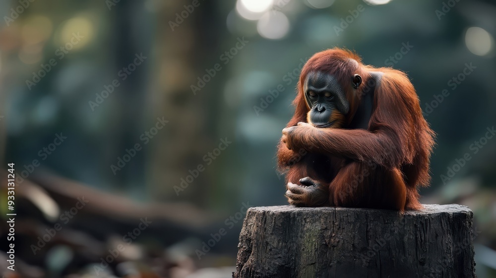 Obraz premium An orangutan in a sleek suit elegantly seated on a large tree stump in a serene jungle.