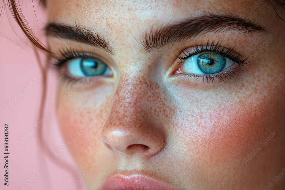 Obraz premium A pair of tired eyes, isolated on a pastel pink background, symbolizing the habit of staying up too late,