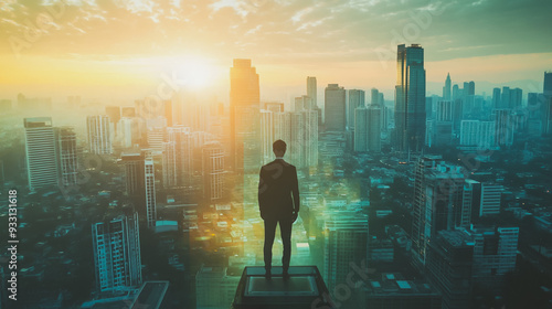 Abstract business man stands on the peak of success amid tall, innovative Smart city and graphs with statistics to analyze business potential and predict future developments in company growth.