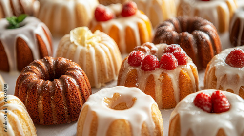 “A variety of vanilla Bundt cakes, each served with a smooth vanilla glaze. The assortment showcases different sizes and decorative styles of Bundt cakes, all elegantly presented and ready to be enjoy photo