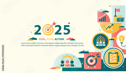 2025 new year goal plan action with target icons, Business plan, financial plan and strategies. Annual plan and development for achieving goal, achievement and success in 2024. Vector illustrator set.