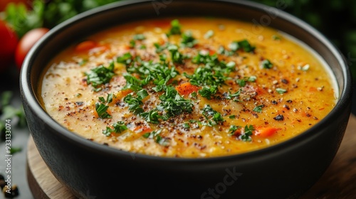 Close up of a steaming bowl of soup garnished with herbs in a cozy autumn setting