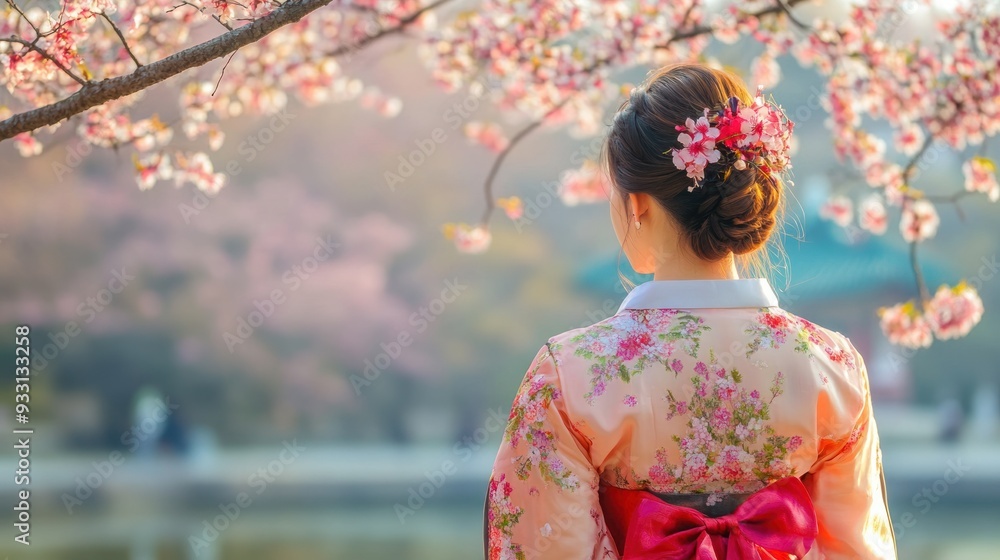 Woman in Traditional Kimono Admires Cherry Blossoms Woman in Traditional Kimono Admires Cherry Blossoms
