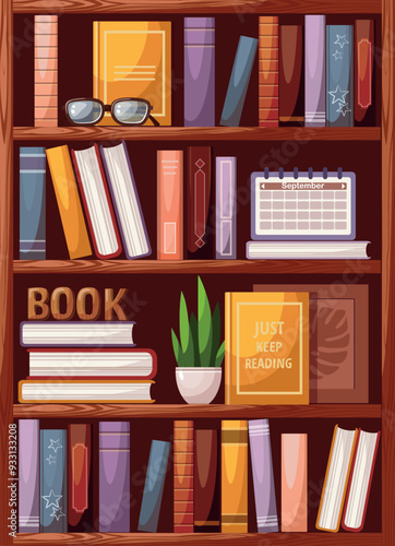 Wooden bookcase with books. Vector