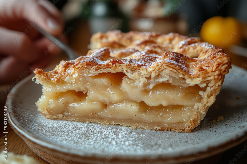 A serene shot of someone savoring a bite of homemade pie, the warm filling and flaky crust bringing comfort, A serene shot of someone savoring a bite of homemade pie, the warm filling and flaky crust bringing comfort,
