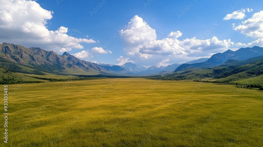 Scenic mountain landscape with golden grass in a valley under a bright blue sky Scenic mountain landscape with golden grass in a valley under a bright blue sky