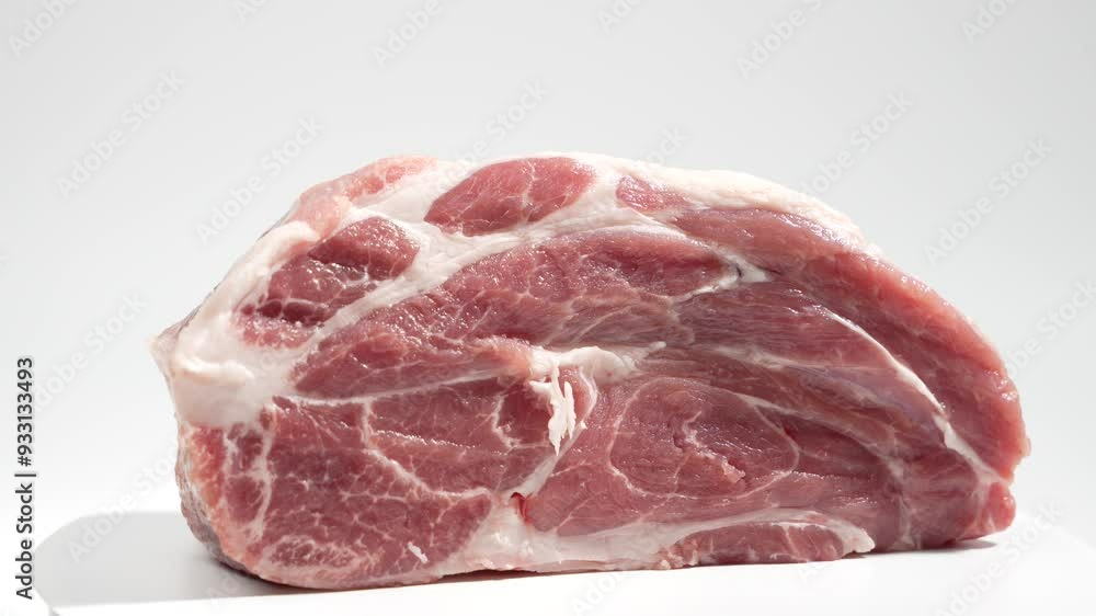 Pork fillet rotates on a white background. Raw pork meat on white. Pork fillet rotates on a white background. Raw pork meat on white.