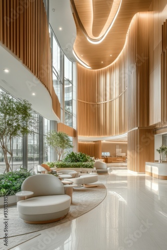 A large, open lobby with a lot of natural light and wood accents