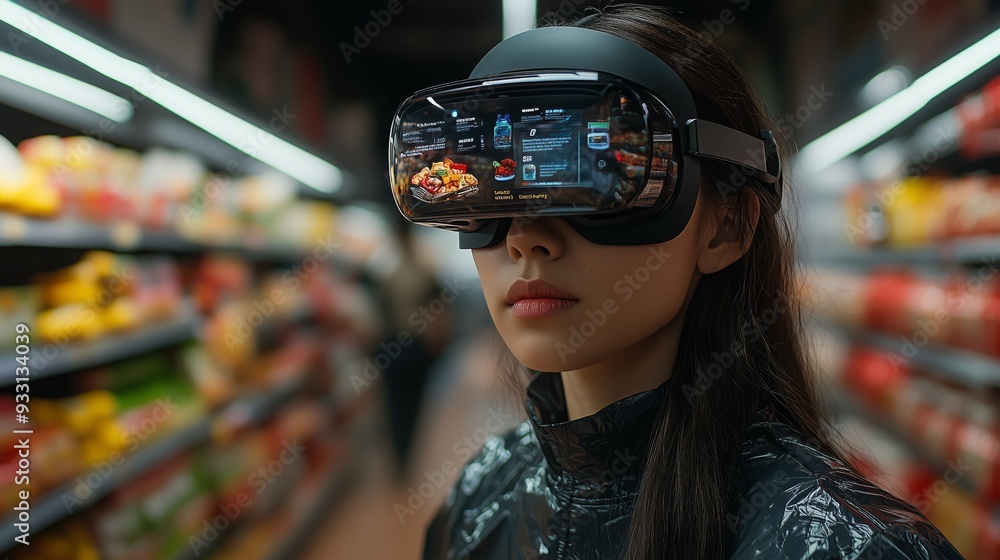 A person with VR glasses navigates through a grocery store, exploring products on virtual displays in the evening. A person with VR glasses navigates through a grocery store, exploring products on virtual displays in the evening.