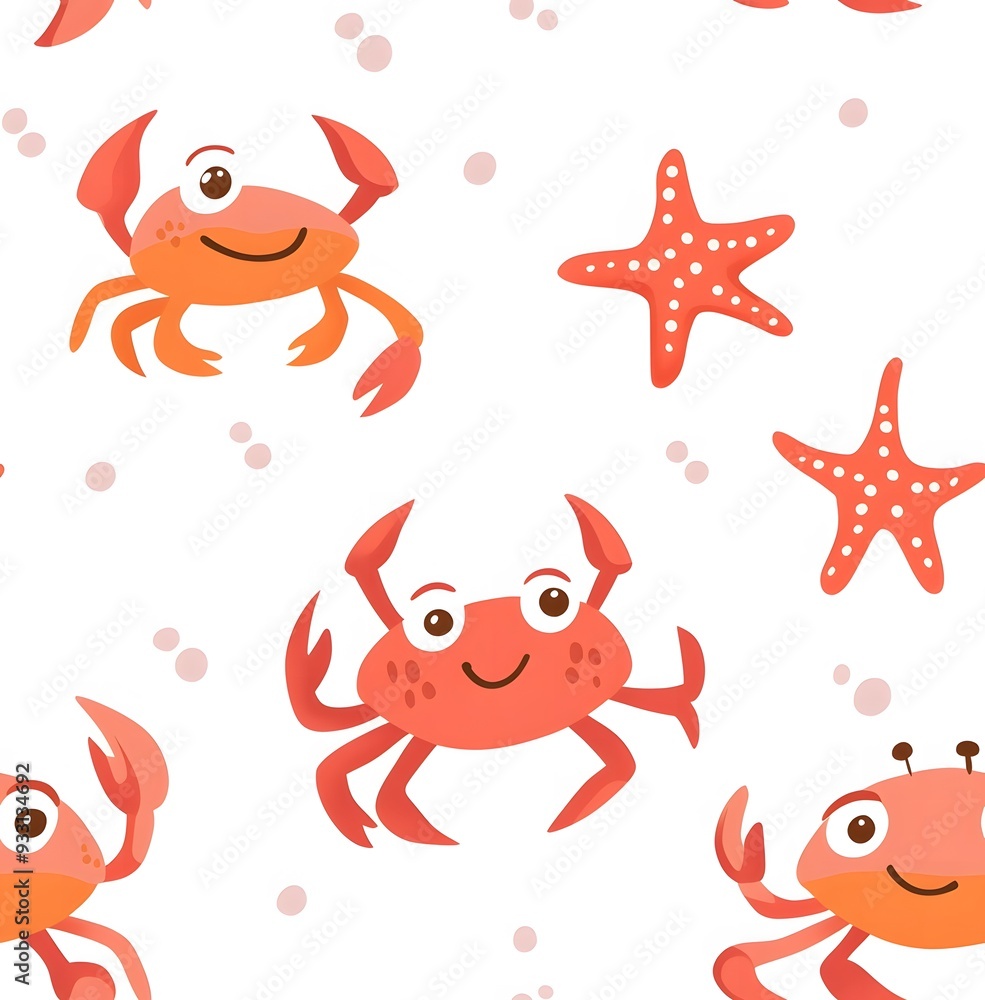 Fototapeta premium Cute cartoon pattern with crabs and starfish