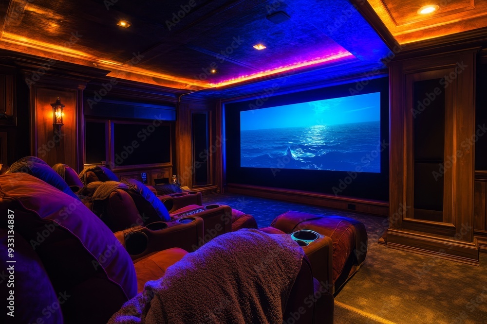 State-of-the-art home theater with tiered seating, multicolored ambient lighting, and a large screen displaying an ocean scene State-of-the-art home theater with tiered seating, multicolored ambient lighting, and a large screen displaying an ocean scene