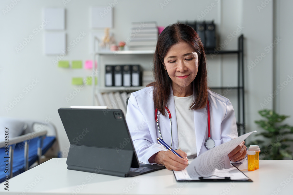 Young female doctor sitting at the desk preparing to receive patients in the medical clinic. Medicine. Data recording. Medical personnel at a clinic or hospital. Young female doctor sitting at the desk preparing to receive patients in the medical clinic. Medicine. Data recording. Medical personnel at a clinic or hospital.