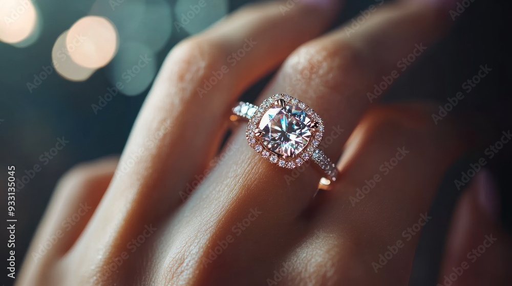 Sparkling Diamond Engagement Ring on a Finger Sparkling Diamond Engagement Ring on a Finger