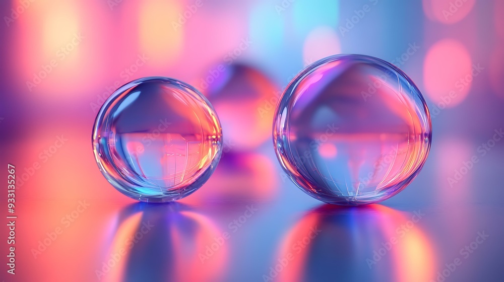 Vibrant glass spheres with pink and blue reflections create a modern and abstract design, perfect for creative projects or tech presentations, Vibrant glass spheres with pink and blue reflections create a modern and abstract design, perfect for creative projects or tech presentations,