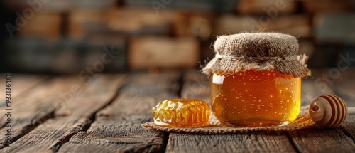 Jar of golden honey with a honey dipper on a rustic wooden table, representing natural sweetness. Free copy space for text.