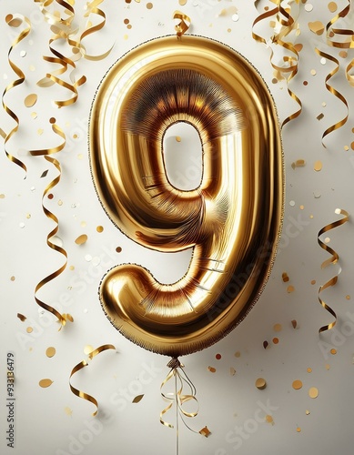 Gold birthday / anniversary balloon, number 9, white background with confetti