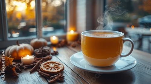 Close up of a steaming cup of autumn spice tea beside candles and seasonal decor photo