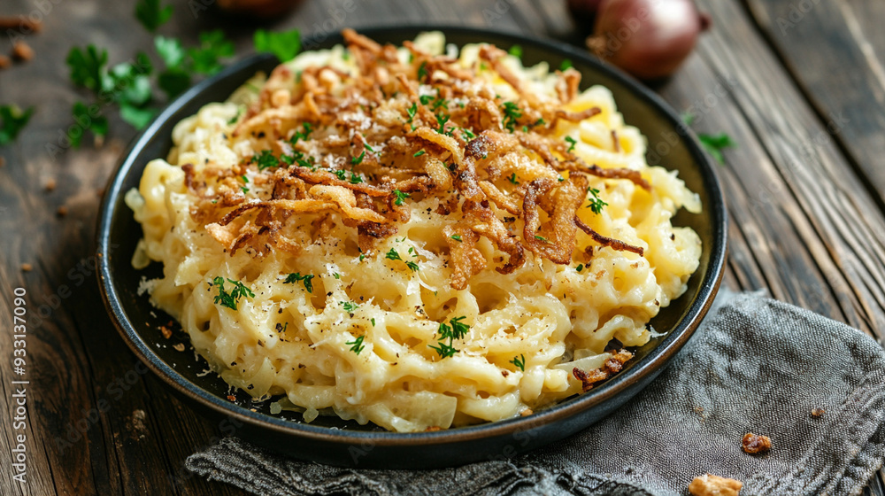 Pasta with fried onions and parsley on the table. Pasta with fried onions and parsley on the table.