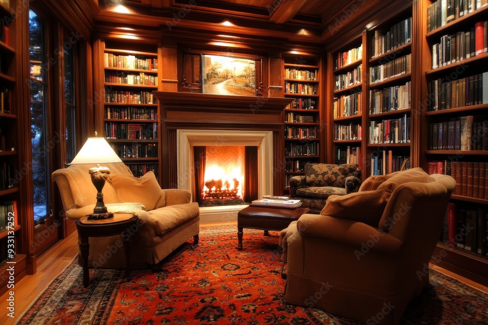Elegant home library with wooden bookshelves, comfortable seating, and a warm fireplace creating an inviting atmosphere for reading and relaxation