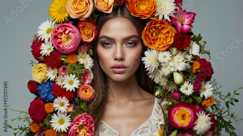 captivating portrait of a woman with floral crown framed by an abundant variety of colorful flowers, including daisies, roses, and peonies, emphasizing natural beauty, elegance, and floral artistry