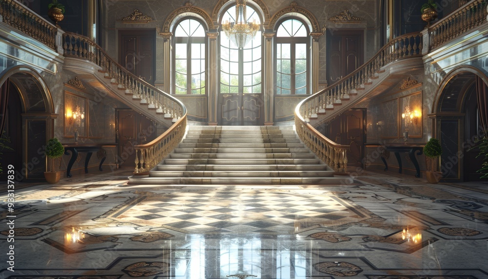 Obraz premium Elegant Lobby with Grand Double Staircase, Decorative Railings, Ornate Tiled Flooring, Luxurious Atmosphere