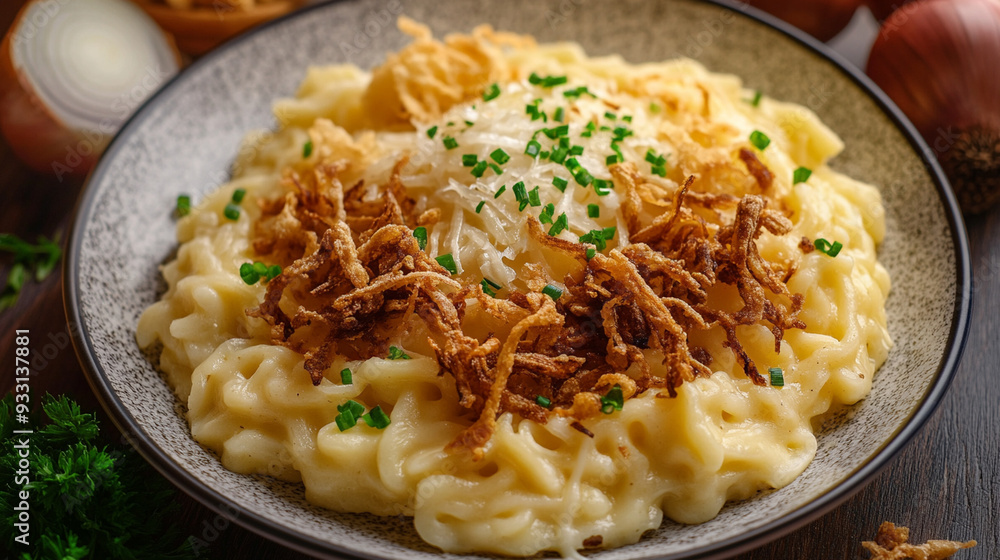Pasta with fried onions and parsley on the table. Pasta with fried onions and parsley on the table.