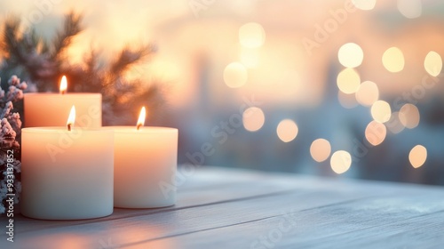 Three lit candles on a wooden table with a soft, blurred background at dusk