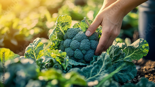 Closeup of a hand picking fresh broccoli from a garden. photo