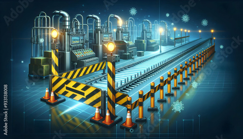 Photo Realistic as Safety barrier and assembly line concept as A safety barrier paired with an assembly line symbolizing the importance of physical barriers in maintaining safety in manufacturing proc photo